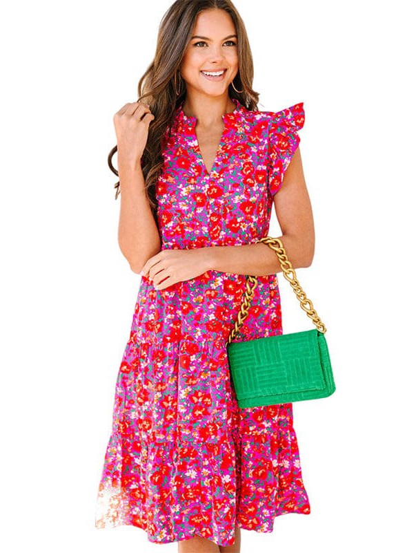 Floral Ruffle Sleeveless Dress with V-Neck and Slimming Waist