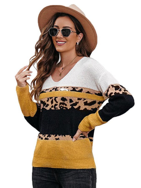 Contrasting Color Leopard Print V-Neck Sweater with Personalized Touch