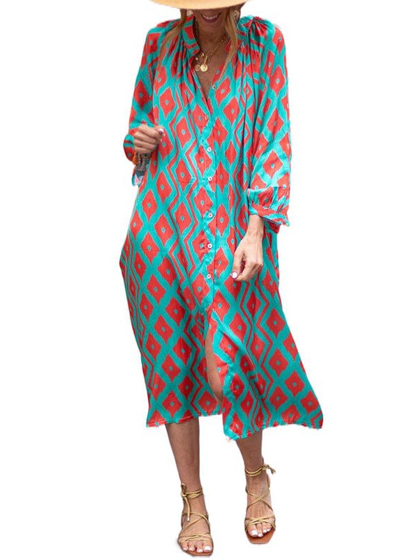 Geometric Print Loose Suit Skirt with V-Neck and Long Sleeves