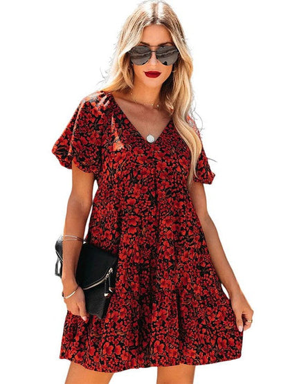 Floral Print V-Neck Dress with Puff Sleeves and High Waist - Bohemian Style