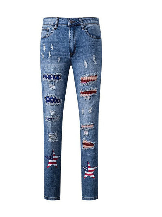 Stylish High-Waisted Denim Pencil Pants with Beaded Patch - Sky Blue