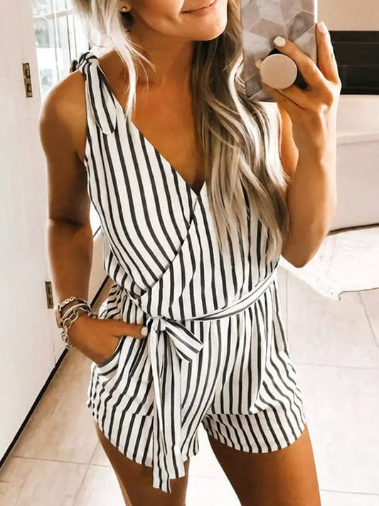 Fashionable Striped Sleeveless Jumpsuit with Bow V-Neck for Women