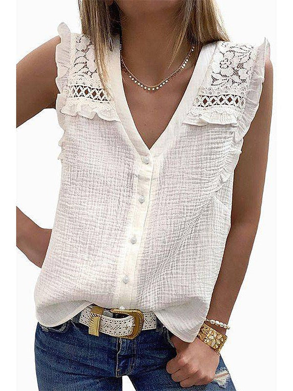 Lace V-Neck Sleeveless Shirt with Ruffle Detail for Women