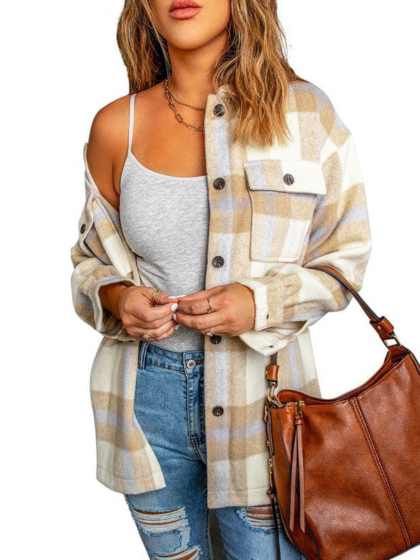 Women's Plaid Cardigan with Stand Collar and Buttoned Pockets
