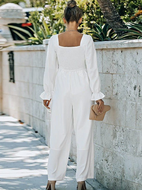 Square Neck Long Sleeve Solid Color Jumpsuit with Loose Straight Pants