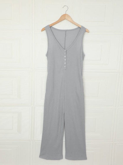 Solid Color Sleeveless Buttoned Pocket Jumpsuit for Women