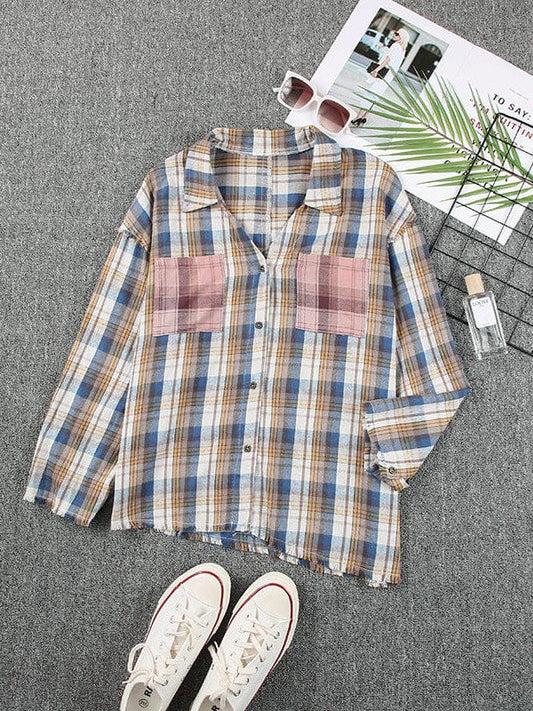 Women's Loose Plaid Street Cardigan Top with Lapel and Long Sleeves