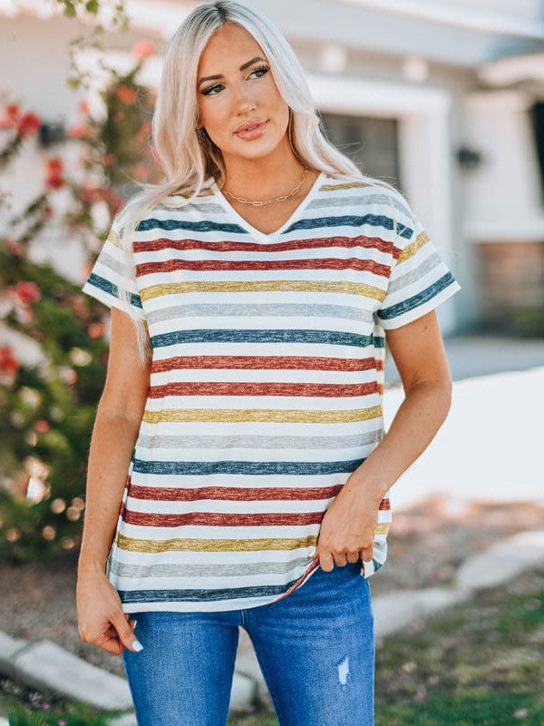 Striped Short Sleeve Sweater Women's Pullover Top with Contrast Color