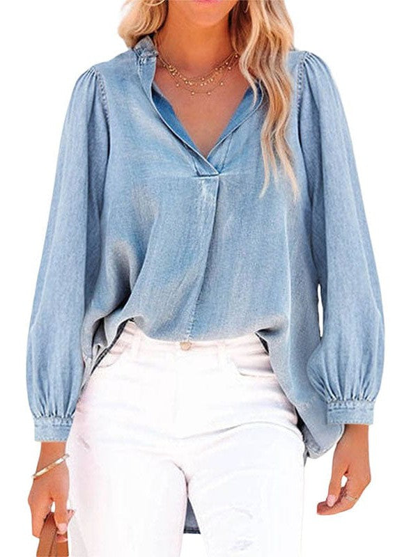 Women's V-Neck Denim Top with Lantern Sleeves and Simple Pullover