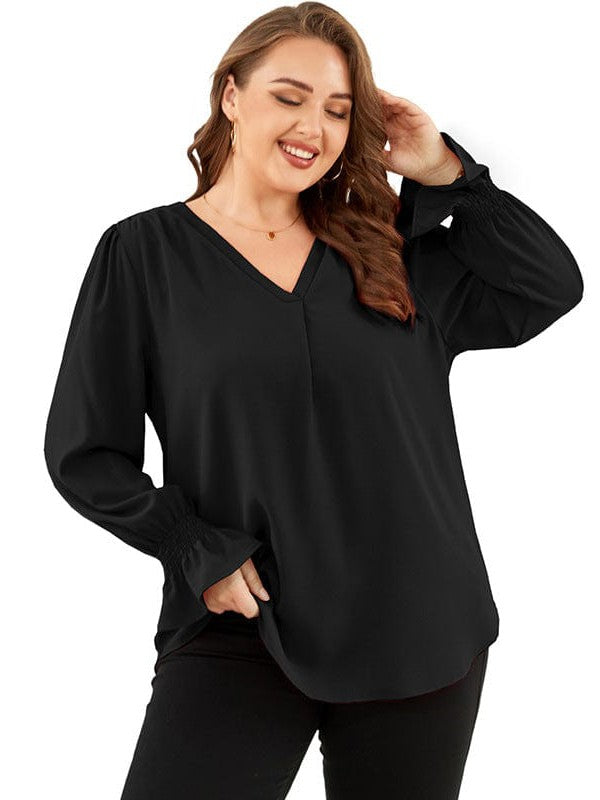 Stylish V-Neck Long-Sleeve Chiffon Top for Women with Solid Color Design and Loose Fitting