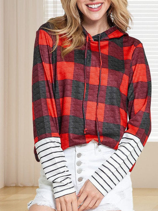 Women's Striped and Plaid Patchwork Hooded Sweatshirt with Drawstring