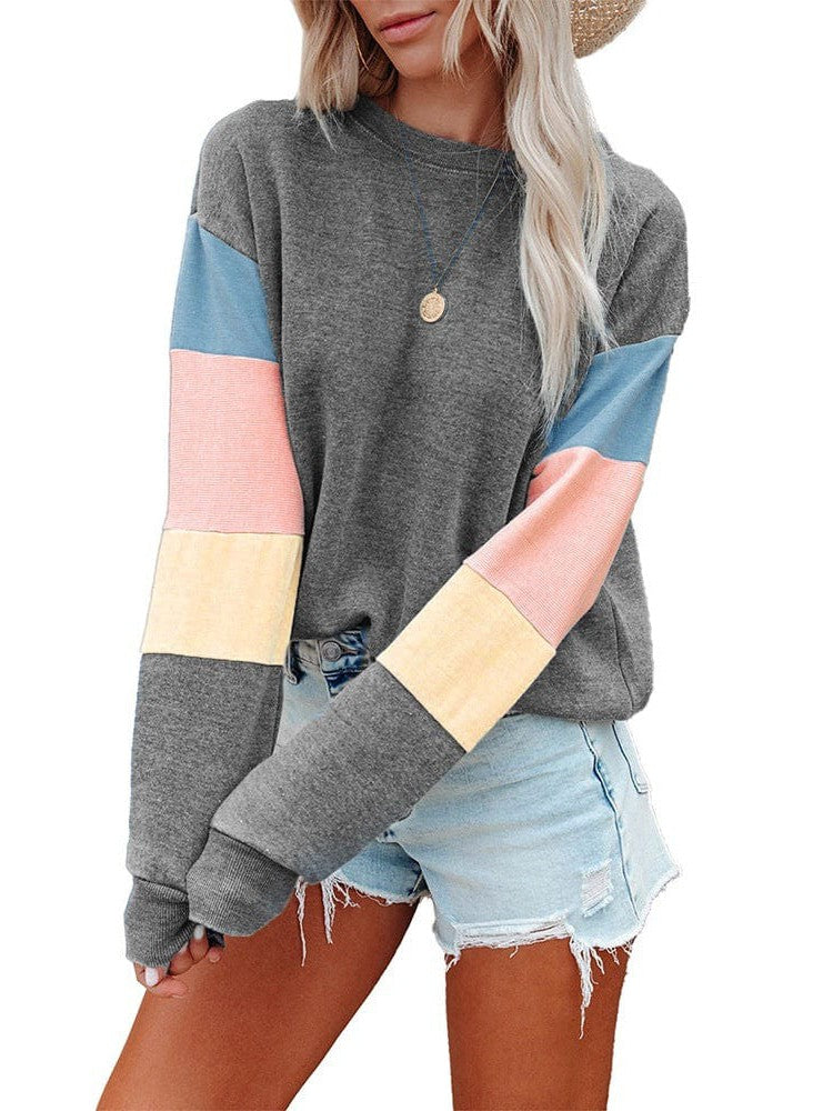 Versatile Contrast Color Pullover Women's Sweatshirt with Round Neck