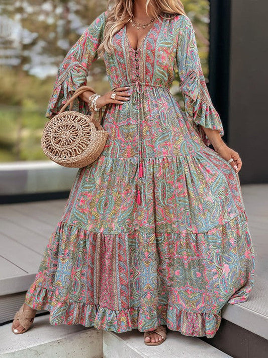 Bohemian Style Floral Printed Long Sleeve Dress with V-Neck and High Waist in Green Size S, M, L