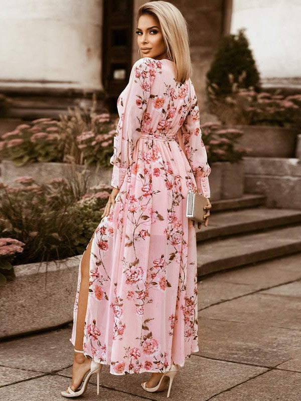 Floral Print Maxi Dress with Waist-Enhancing Belt and Bohemian Charm