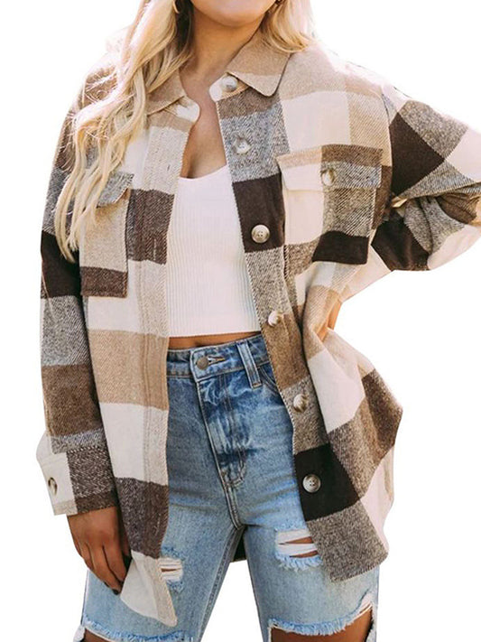 Coats - Casual Plaid Button Down Long Sleeve Coat - MsDressly