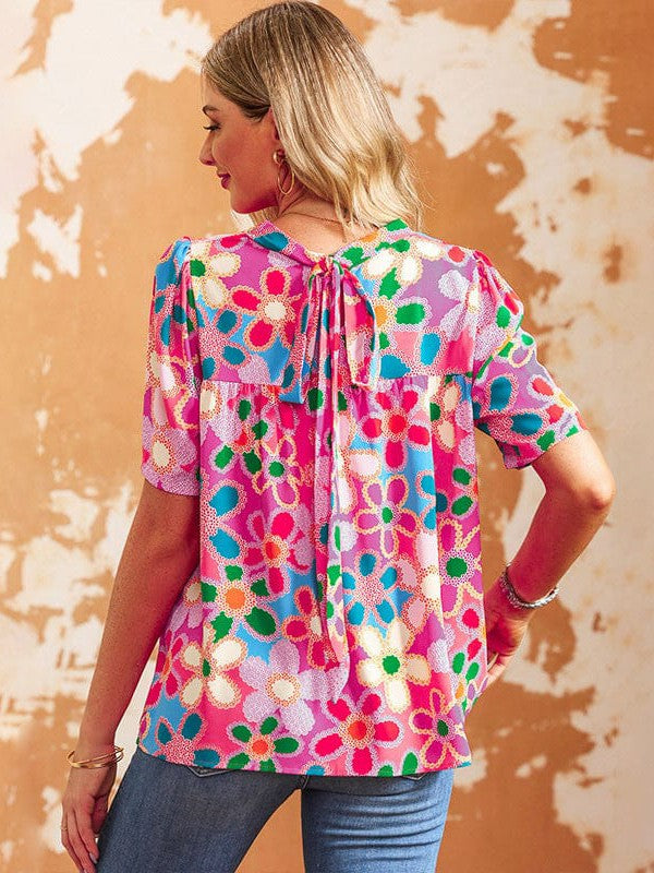 Simple Floral Print Chiffon Pullover with Three-Quarter Sleeves