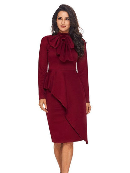 Unique Dress with Half Turtleneck and Pleated Bow Belt