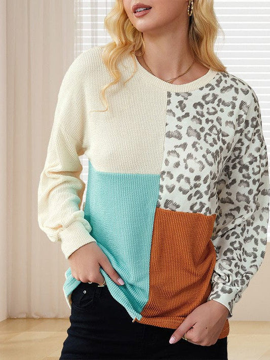 Leopard Print Pullover Sweatshirt with Round Neck and Long Sleeves for Women
