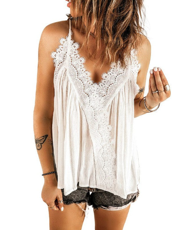 Versatile Lace Camisole with Spliced Shoulder Straps and Loose Fit Style