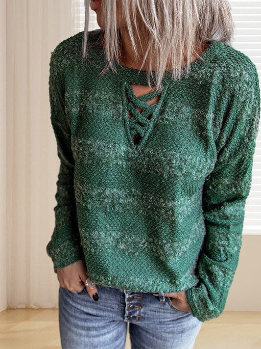 Cross Hollow Woolen Sweater with Long Sleeve for Women in Green