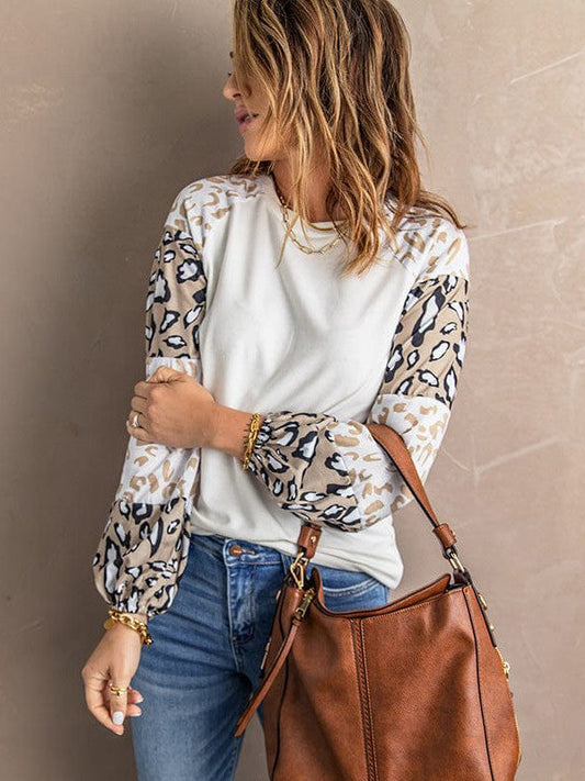 Lantern Sleeve Leopard Print Pullover Sweatshirt - Women's Round Neck Top