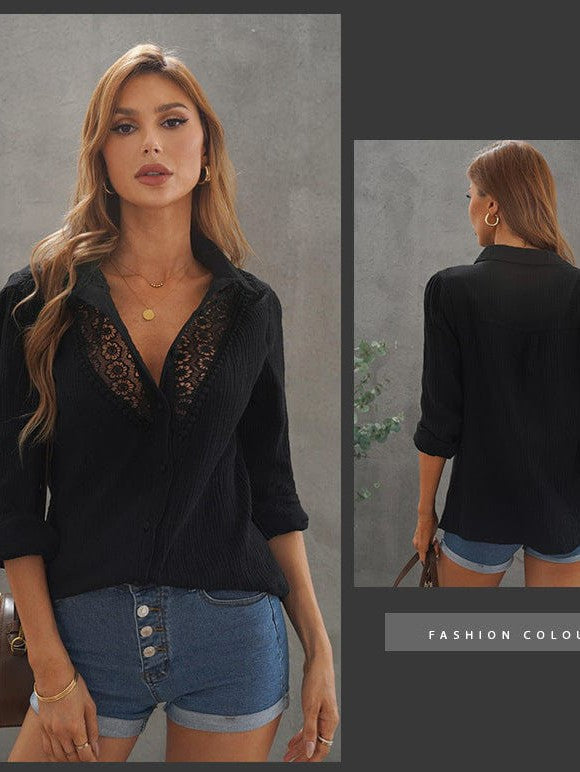 Stylish Cotton Lace Cardigan Blouse for Women with V-Neck Style