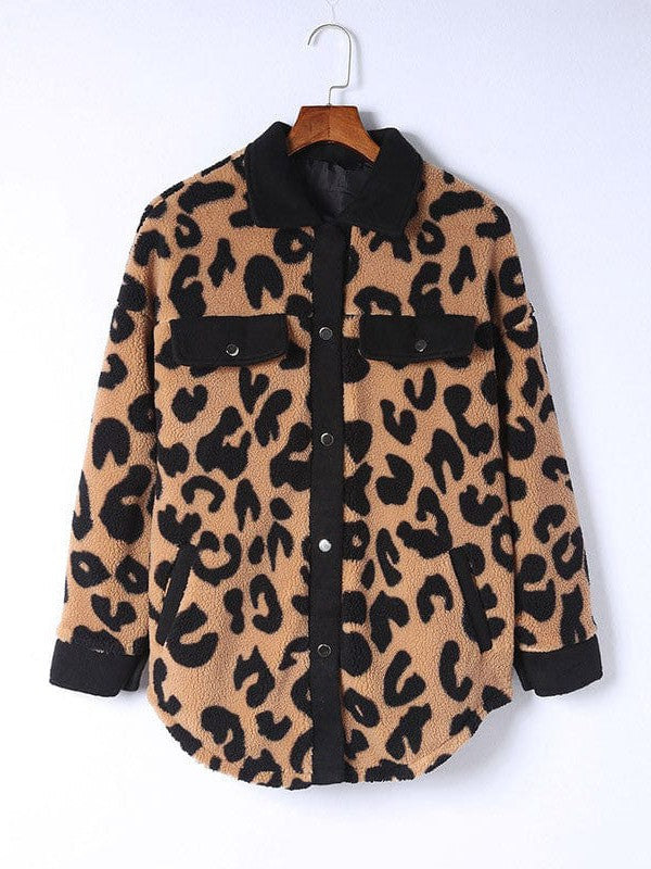 Leopard Print Polar Fleece Cardigan Jacket for Women
