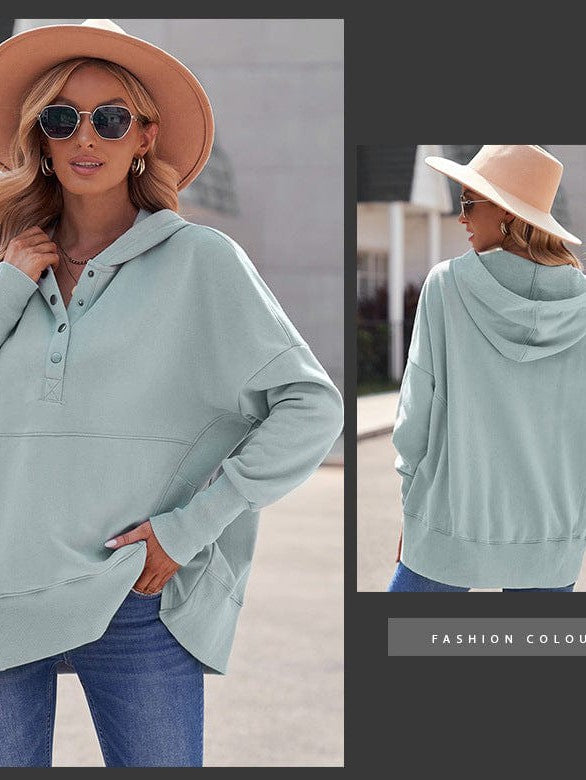 Loose Fit V-Neck Hooded Batwing Sweatshirt with Patchwork Buttons