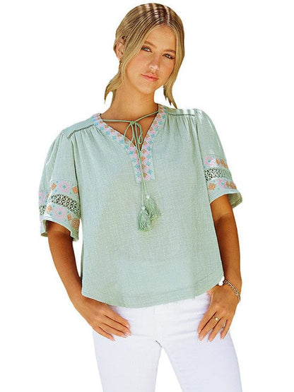Women's Embroidered Linen Blend Loose Fit Top with Bell Sleeves