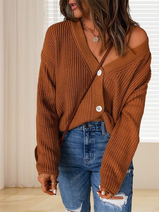 Vintage V-Neck Knitted Cardigan Sweater for Women with Long Sleeves