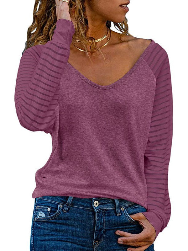 Women's Long-Sleeved V-Neck Striped T-shirt with Sheer Panels