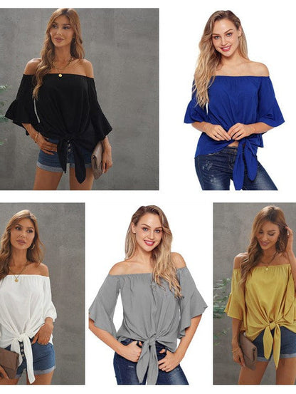 Chiffon Lace-Up Pullover Top in Solid Color with Three-Quarter Sleeves and Slim-Fitting Design