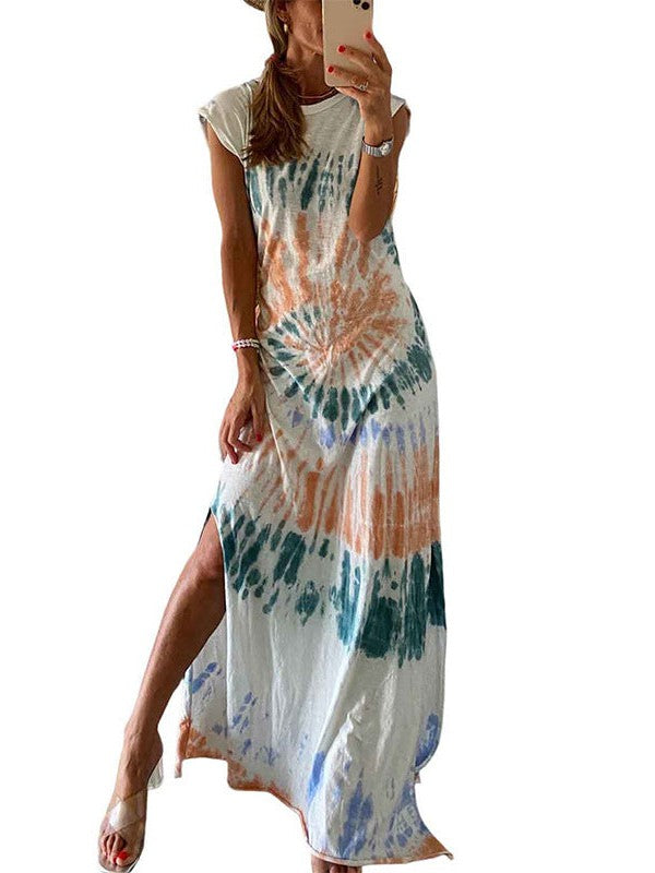 Leopard Print Tie-Dye Slit Dress with Versatile Loose Long Skirt