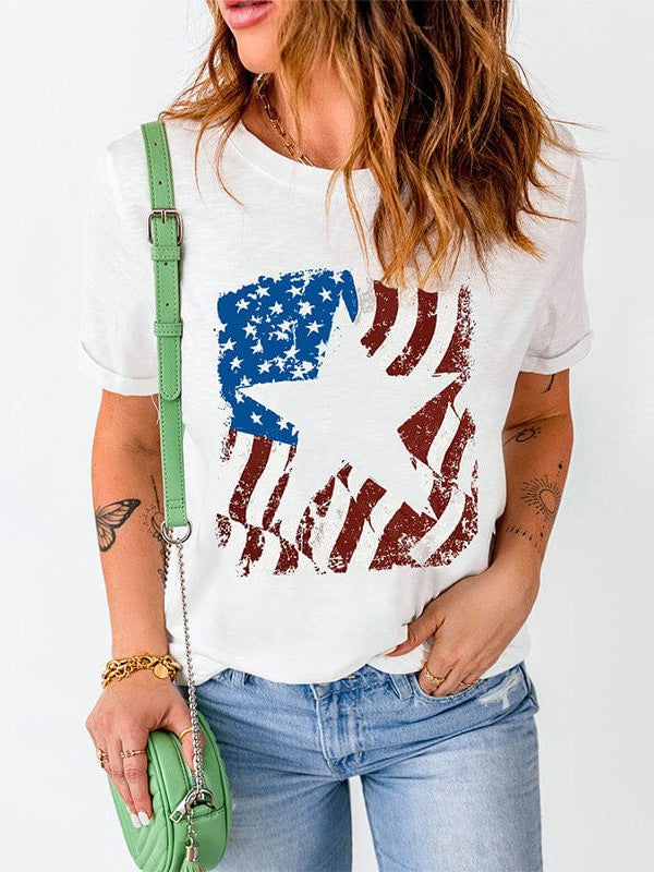 American Independence Day Women's T-Shirt with Star Print and Loose Fit Contrasting Round Neck Pullover