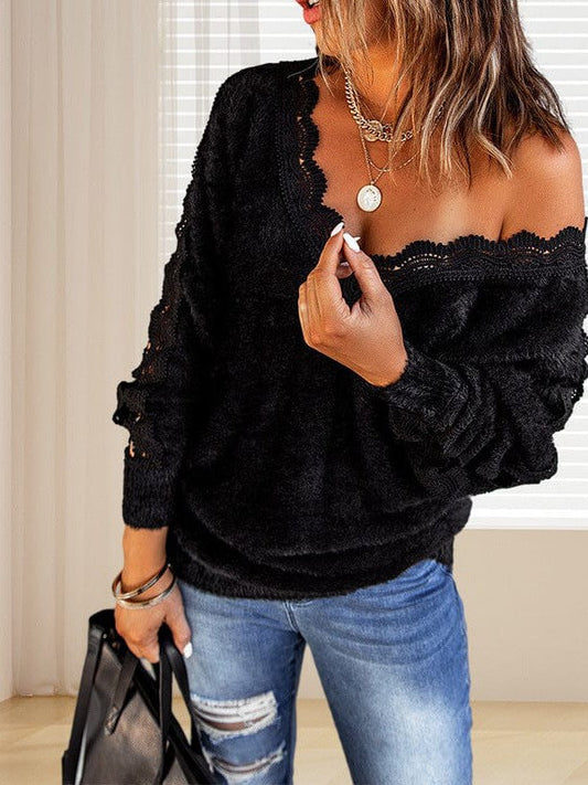 Stylish V-Neck Lace Sweater with Hollow Design for Women