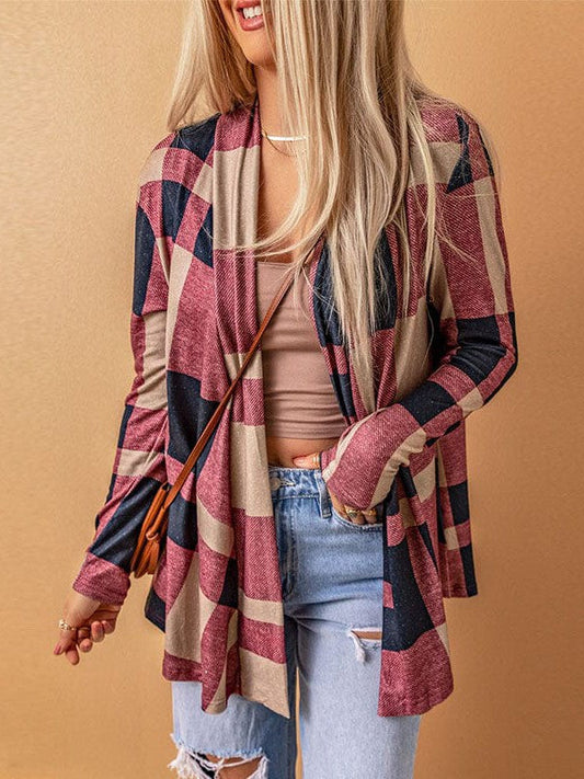 Women's Red Plaid A-Line Cardigan with Long Sleeves