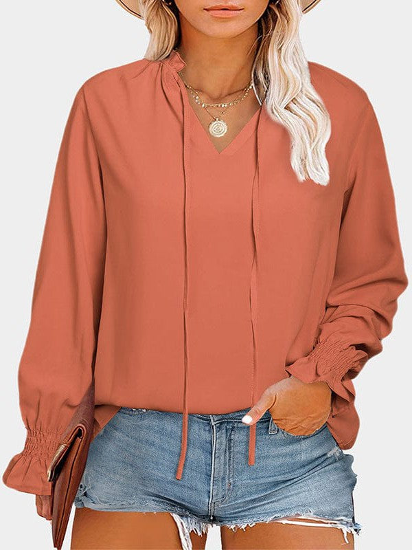 Chiffon Loose-Fit V-Neck Top with Lantern Sleeves for Plus Size Women