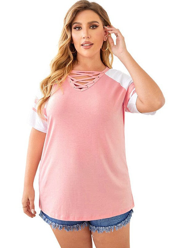 Women's Oversized V-Neck Short Sleeve Hollow Casual T-Shirt in Contrasting Colors
