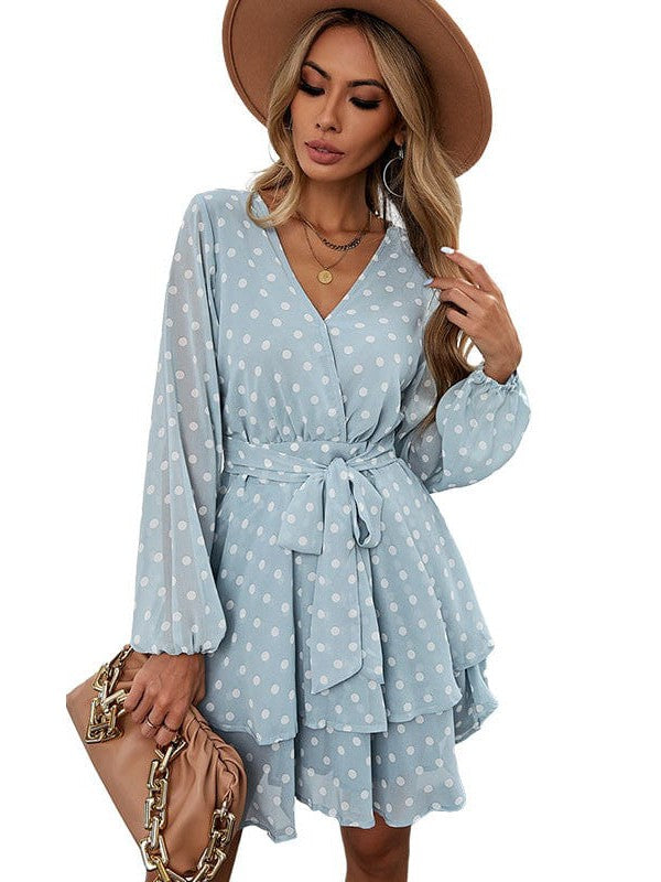 Women's Printed Lace-Up Waist Dress with Slim-Fit Ruffle Skirt