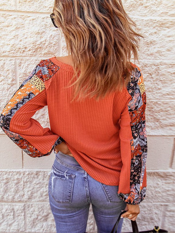 Women's Floral Patchwork Print Long-Sleeve Sweater in Orange