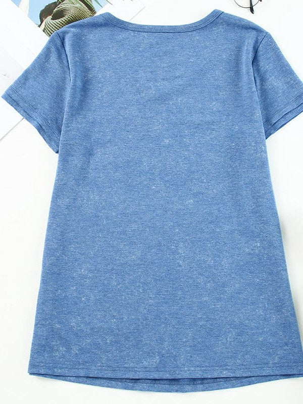 Simple Sky Blue Printed V-Neck T-Shirt with American Flag Design