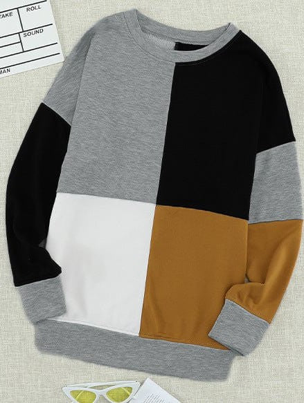 Women's Loose Fit Round Neck Sweatshirt with Contrast Color Detail - Long Sleeve Top