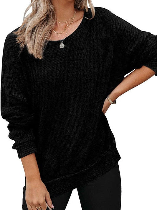 Women's Casual Long Sleeve Hem Slit Sweatshirt with Round Neck