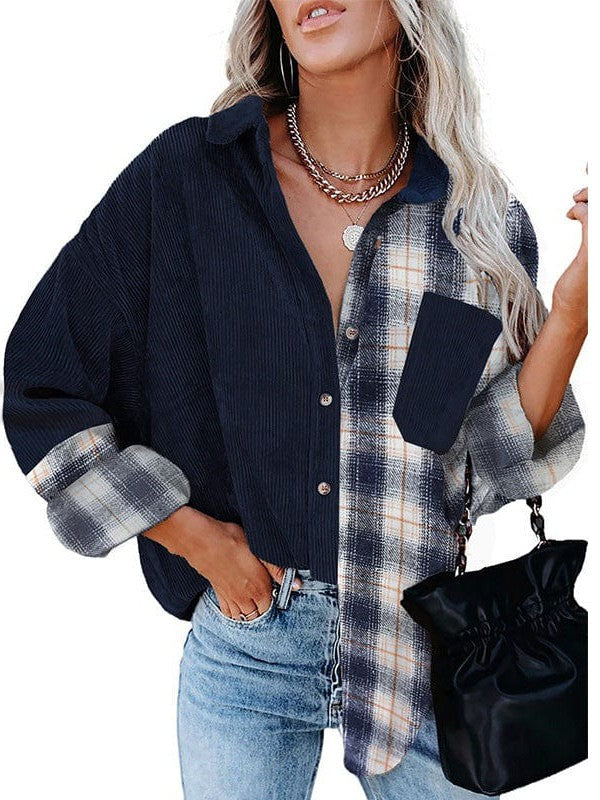 Plaid Corduroy Cardigan Tops for Women with Long Sleeves