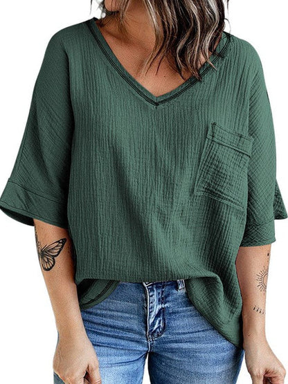 Women's Casual Cotton V-Neck Pullover Shirt with Solid Color Half Sleeves