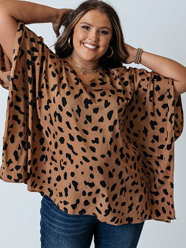 Leopard Print V-Neck Pullover for Women with Loose Bat Sleeves
