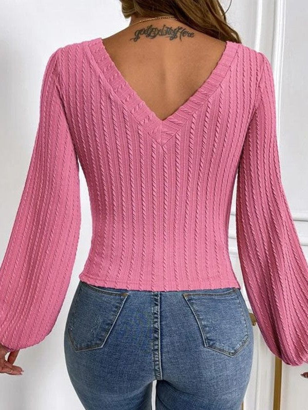 Slim Fit V-Neck Lantern Sleeve Sweater for Women