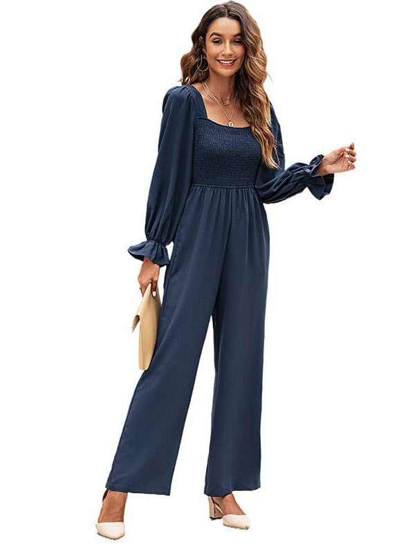 Square Neck Long Sleeve Solid Color Jumpsuit with Loose Straight Pants