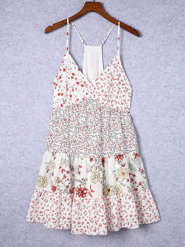 Floral Print High Waist Suspender Dress with V-Neck