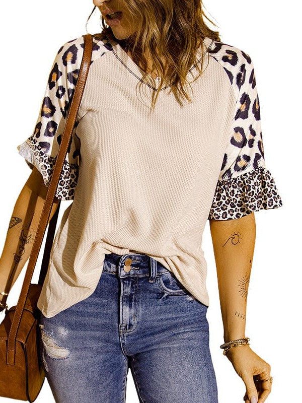 Leopard Print Quarter-Sleeve V-Neck Pullover with Solid Color Stitching Top